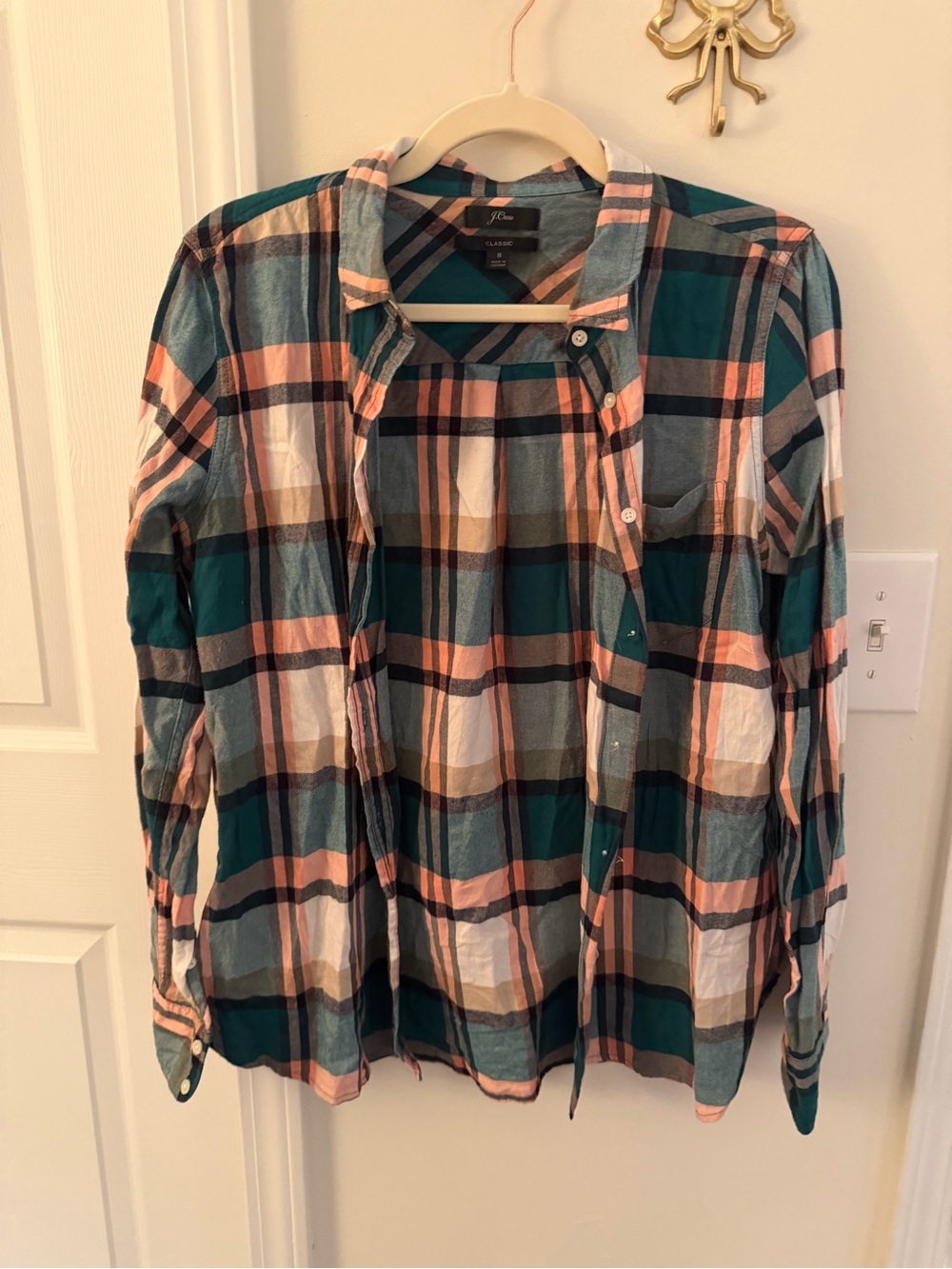 J. Crew white, pink, and green plaid flannel shirt